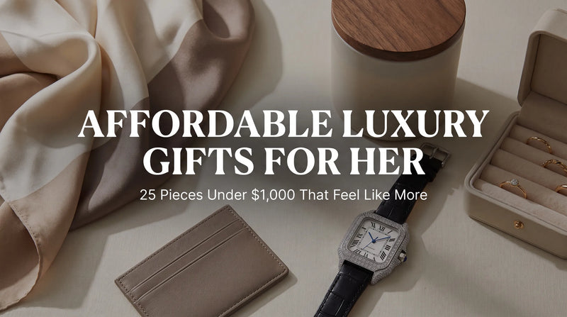 Liora Pearl moissanite watch styled with luxury gifts on a neutral flat lay