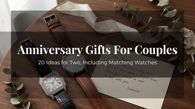 Liora Pearl moissanite watch beside a silver-tone The Mogul watch in an anniversary gift flat-lay