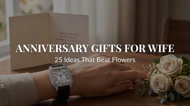 Square white-dial moissanite watch with leather strap styled as an anniversary gift