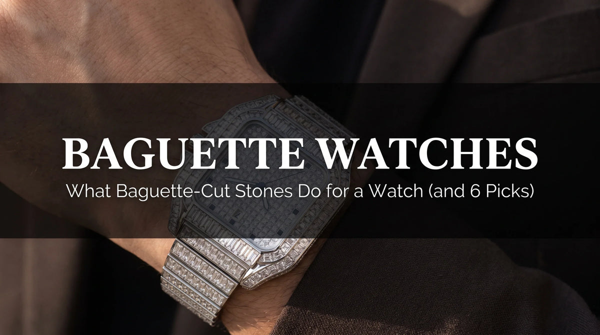 Ice Baguette iced out watch on wrist with straight rectangular baguette-cut stones