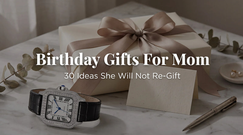 United Jewel Liora Pearl moissanite watch with white dial and leather strap in a birthday gift flat lay