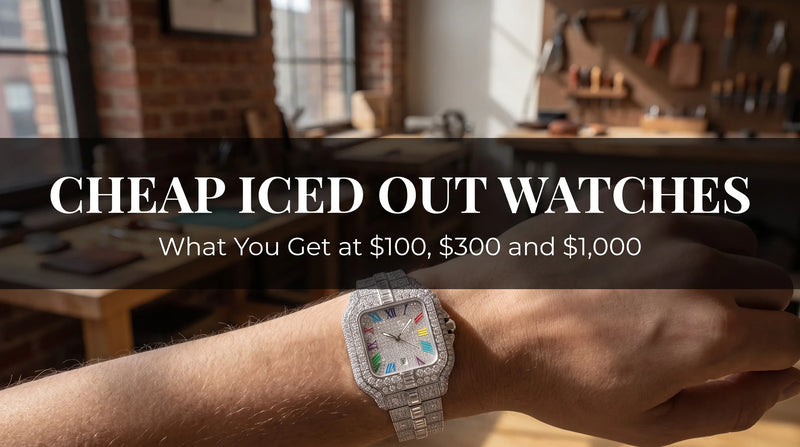 The Mogul Rainbow iced out watch on a wrist with multicolor indexes and a fully iced bracelet