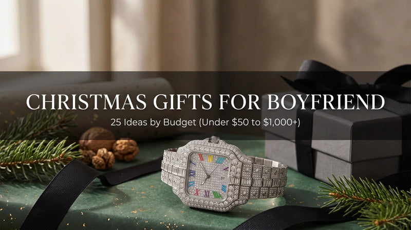 United Jewel The Mogul iced out watch in a Christmas flat-lay gift scene