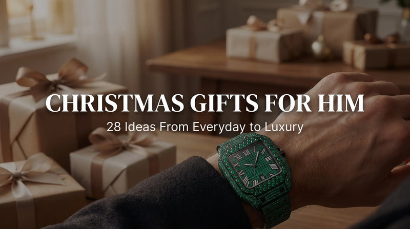 United Jewel The Mogul iced out watch on wrist beside wrapped Christmas gifts