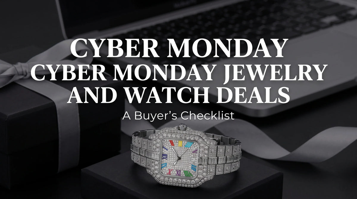 Rainbow moissanite watch styled with gift box and sale note for Cyber Monday shopping