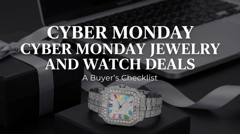 Rainbow moissanite watch styled with gift box and sale note for Cyber Monday shopping