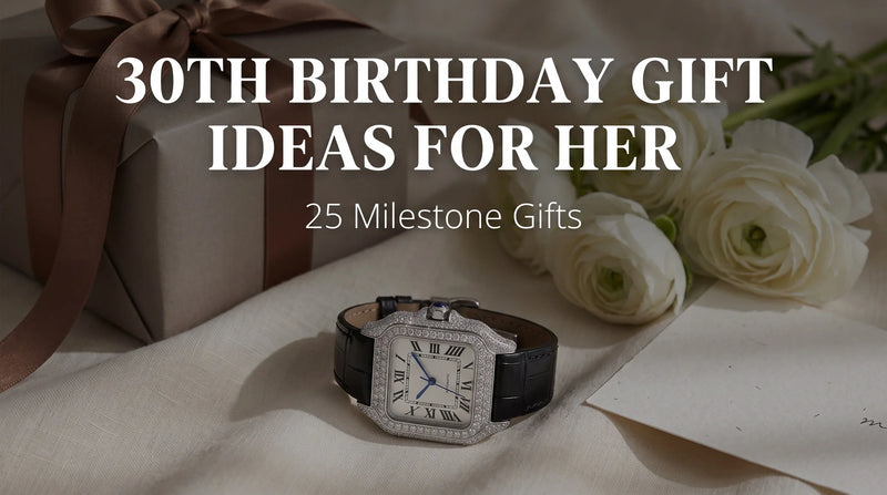 Liora Pearl moissanite watch styled with ribbon, flowers, and a gift box for a 30th birthday