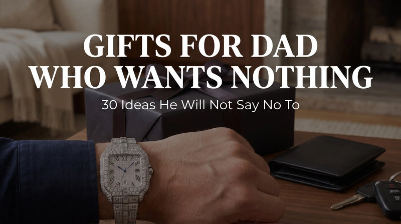 Ice Royal moissanite watch styled with gift box, wallet, and keys for a dad gift guide