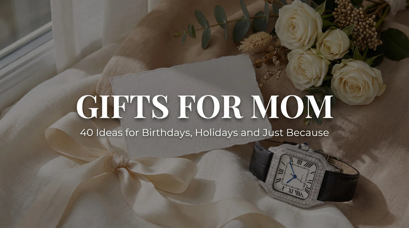 The Empress Liora Pearl moissanite watch in a gift flat-lay with flowers and ribbon