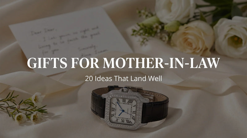 The Empress Liora Pearl moissanite watch styled with a ribbon and card for gift giving