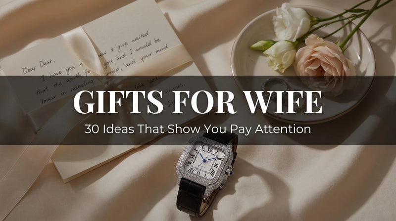 Liora Pearl moissanite watch styled with a handwritten note and ribbon for a wife’s gift
