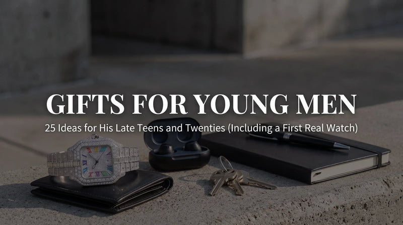 The Mogul Rainbow iced out watch styled with a wallet and earbuds for a young man’s gift guide