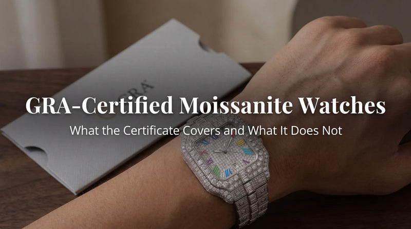 Rainbow Moissanite Watch with certificate sleeve, a men’s moissanite watch styled on a dark surface