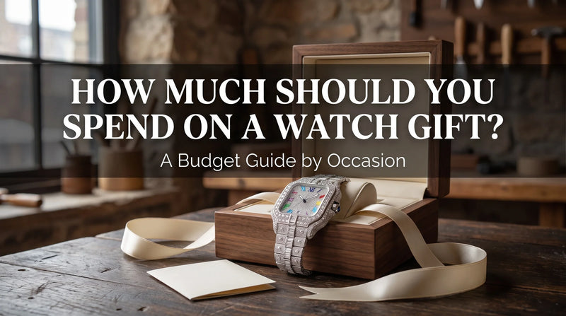 Rainbow Moissanite Watch styled as a gift in an open box with multicolor stone indexes and a folded card