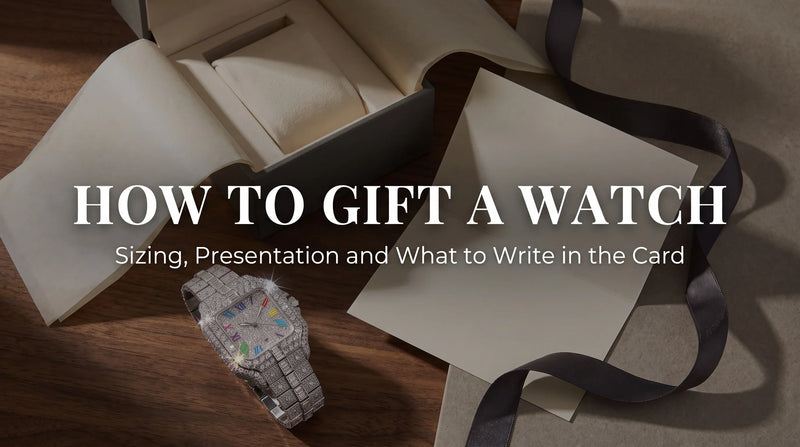 Rainbow Moissanite Watch with a gift box, ribbon, and handwritten card, styled for a watch gifting guide