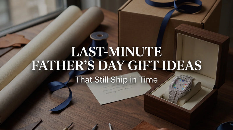 Rainbow Moissanite Watch in a Father’s Day gift flat lay with box and card