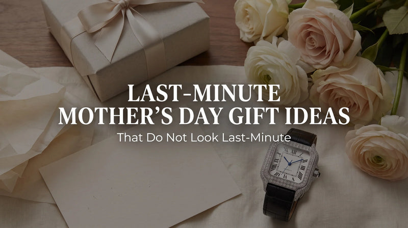 Liora Pearl moissanite watch styled as a Mother’s Day gift with flowers and a ribboned box