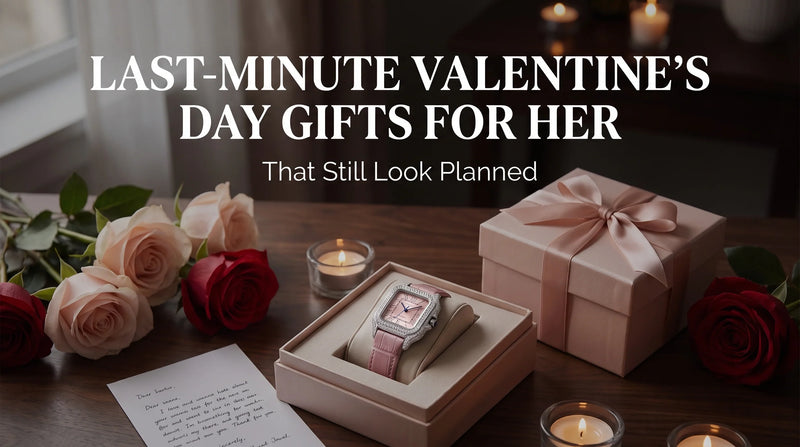 Liora Rose moissanite watch in a Valentine’s flat lay with roses and a gift box