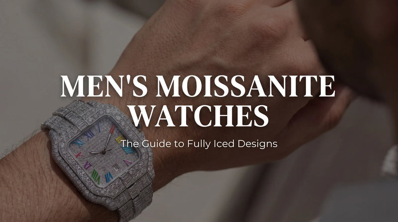 Rainbow Moissanite Watch worn on a wrist with a fully iced case and bracelet and multicolor stone indexes