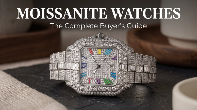 United Jewel moissanite watch with iced bracelet in a studio flat-lay