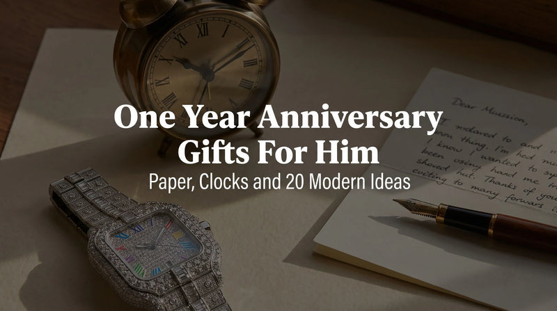 Rainbow moissanite watch styled with a paper letter and brass clock for a first anniversary gift