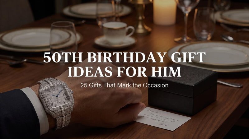 Ice Royal Moissanite Watch styled as a 50th birthday gift beside a handwritten card and gift box