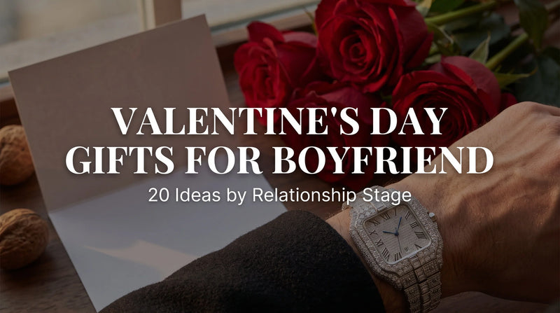 Ice Royal Moissanite Watch on a wrist with red roses and a Valentine’s Day card