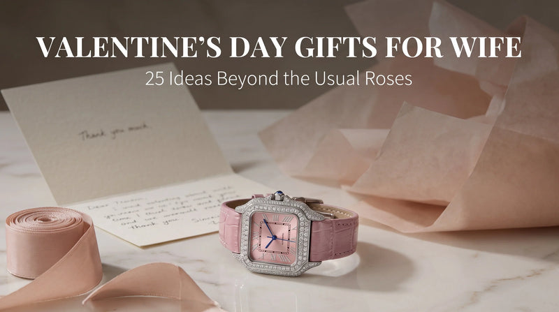 Liora Rose moissanite watch with pink dial and leather strap styled as a Valentine’s Day gift