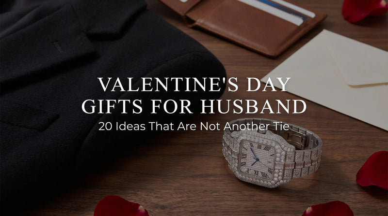 Ice Royal Moissanite Watch styled as a Valentine’s Day gift for a husband on a dark flat-lay