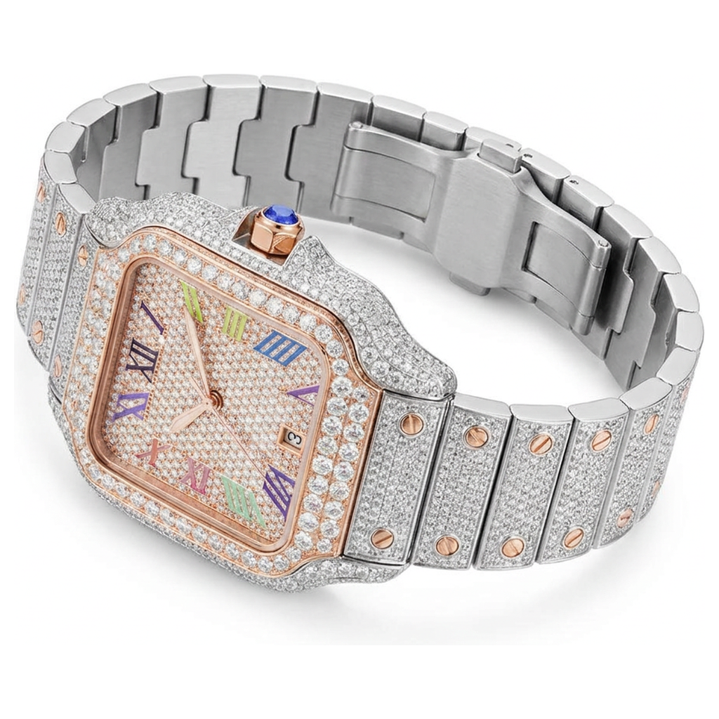 Rainbow Moissanite Watch - Two Tone, 42mm iced out - angled view