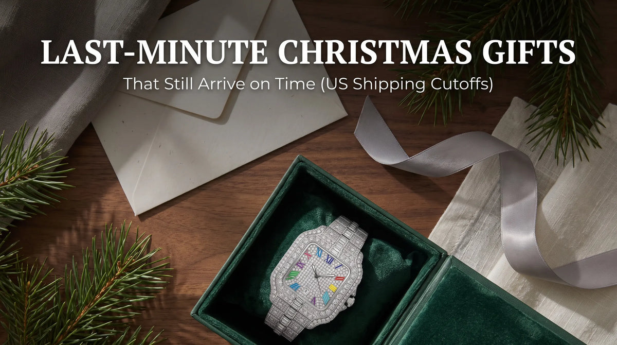 Rainbow moissanite watch in holiday gift-wrap flat lay for a last-minute Christmas gift guide