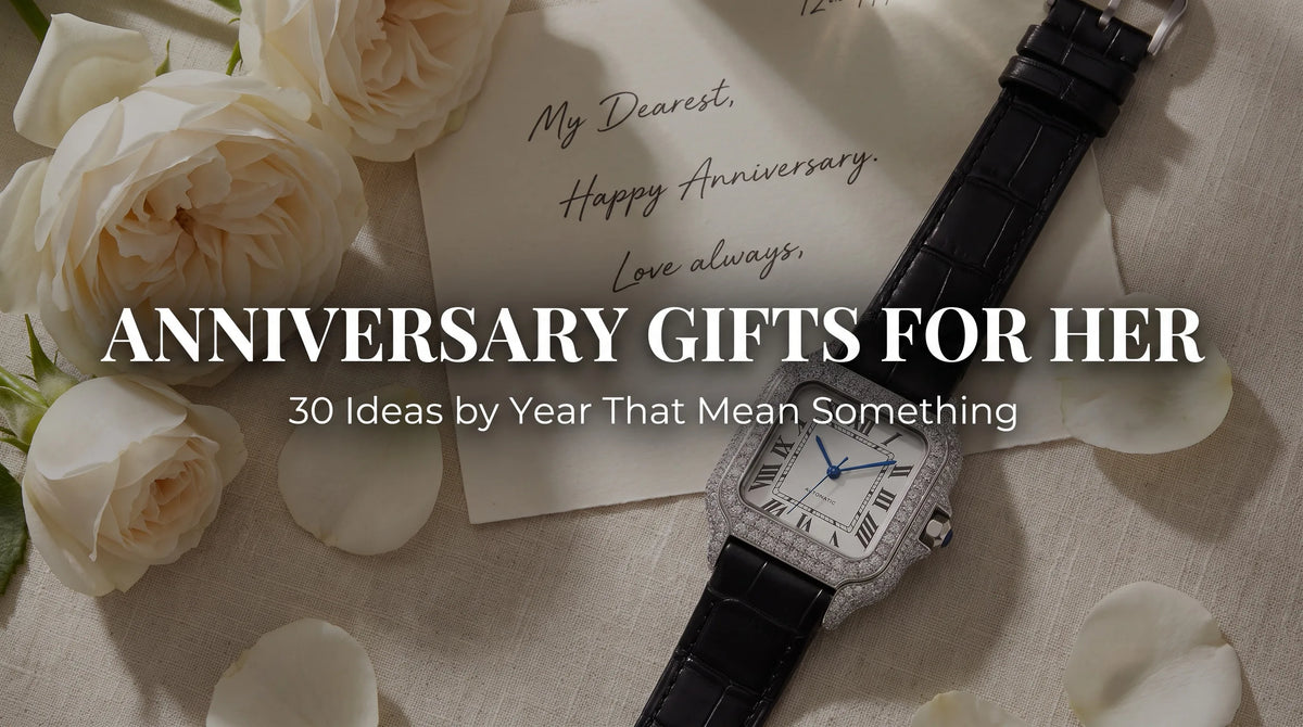 Liora Pearl moissanite watch with white dial and leather strap styled with roses and an anniversary note