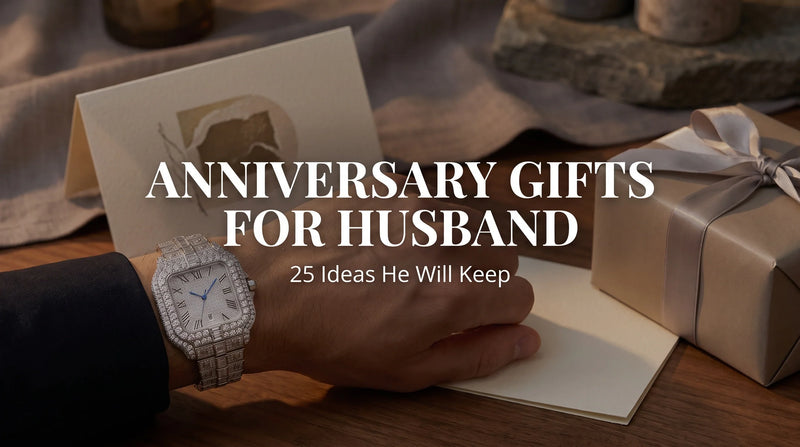Ice Royal Moissanite Watch on a wrist beside an anniversary card and wrapped gift