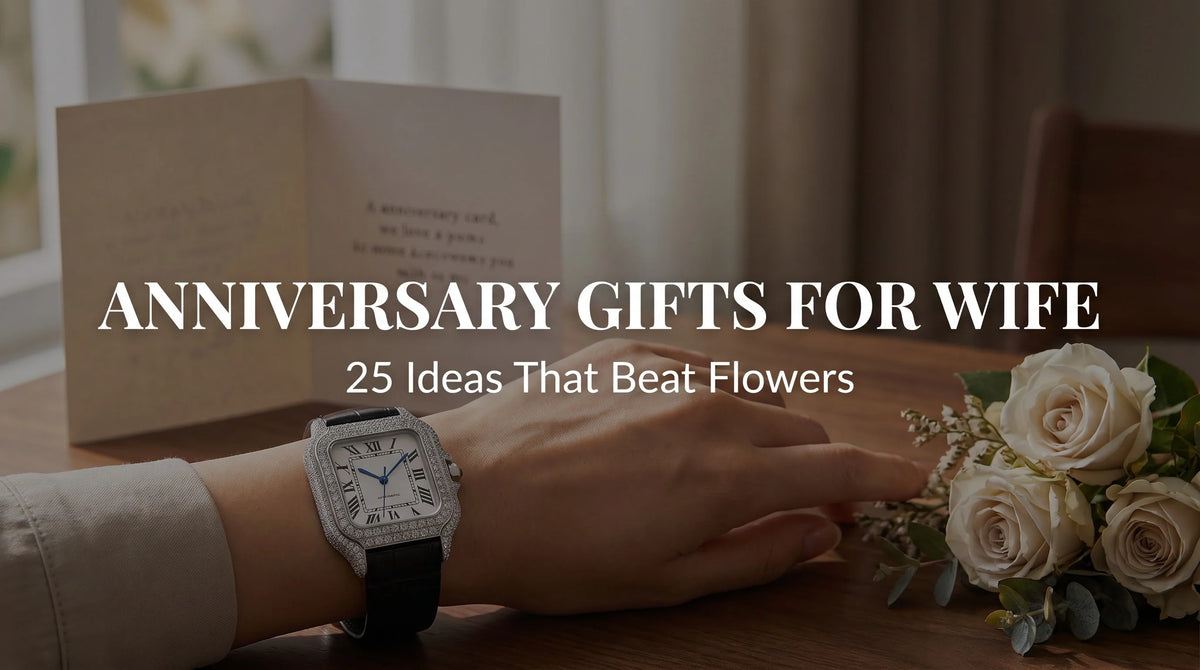 Square white-dial moissanite watch with leather strap styled as an anniversary gift