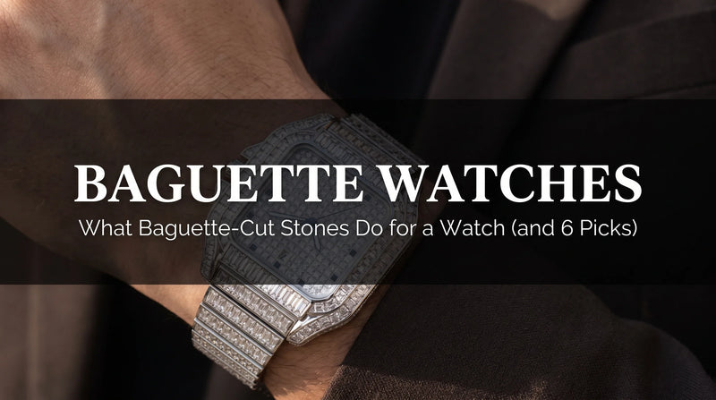 Ice Baguette iced out watch on wrist with straight rectangular baguette-cut stones