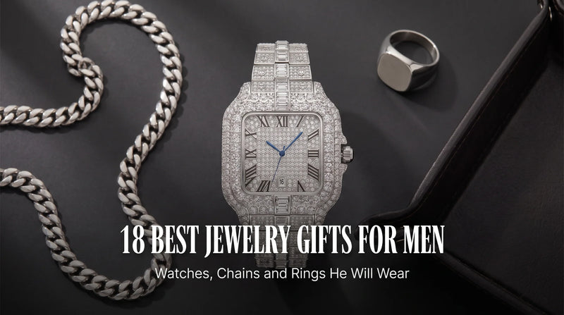 Ice Royal Moissanite Watch beside a men’s chain and ring in a jewelry gift flat-lay
