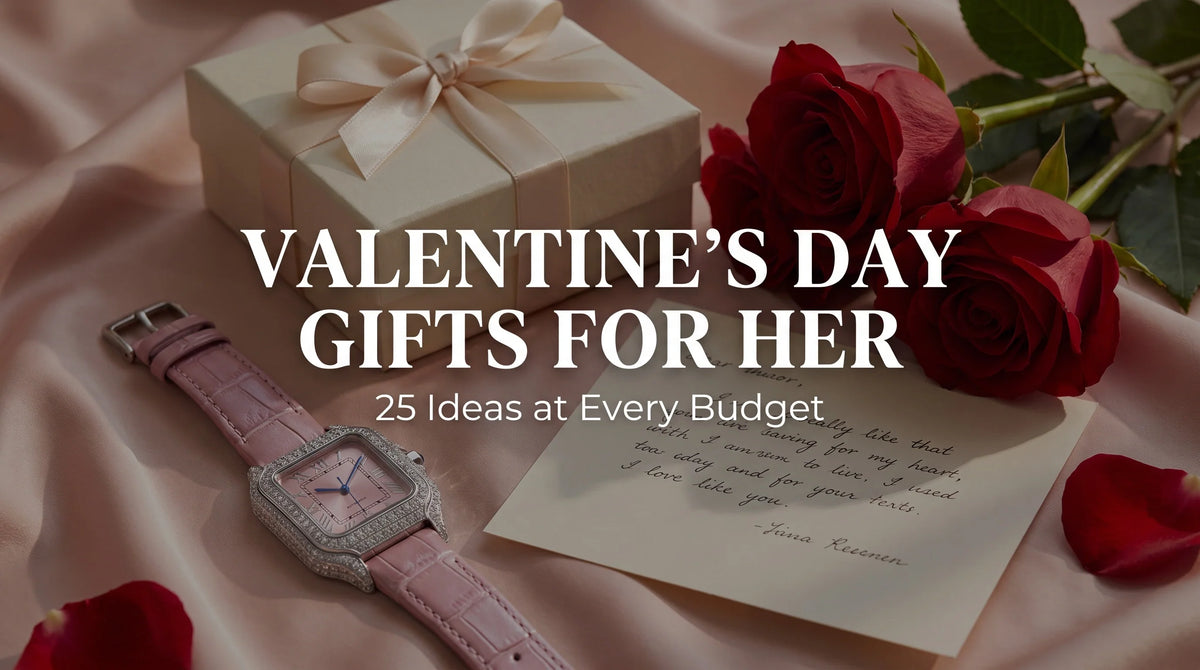 Liora Rose moissanite watch styled with roses and gift wrapping for Valentine’s Day