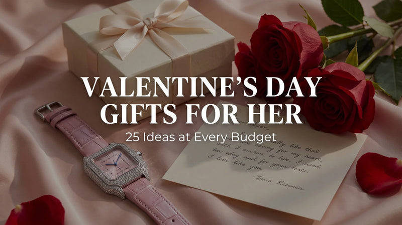 Liora Rose moissanite watch styled with roses and gift wrapping for Valentine’s Day