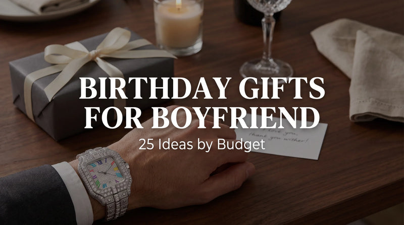 Rainbow Moissanite Watch as a birthday gift on a men’s wrist with wrapped box and card