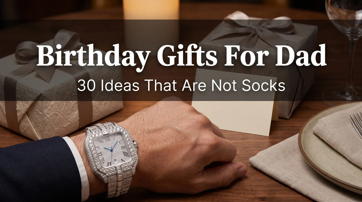 Ice Royal Moissanite Watch on a man’s wrist with birthday wrapping and card