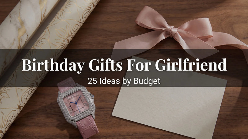 Liora Rose moissanite watch styled as a birthday gift with ribbon and a handwritten card