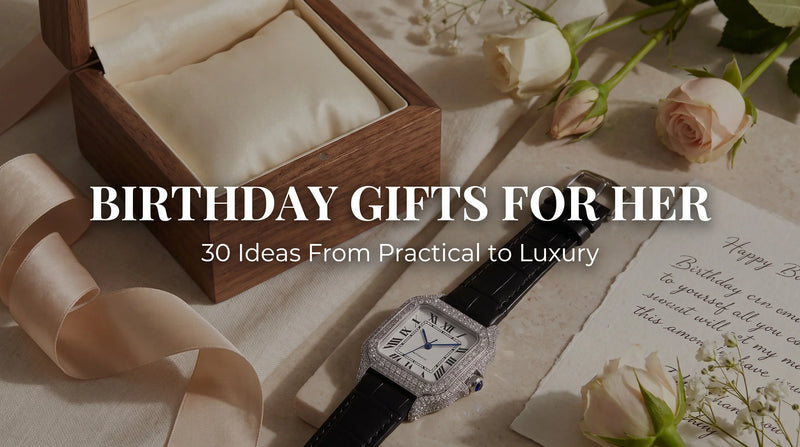 Liora Pearl moissanite watch in a birthday gift flat-lay with ribbon, card, and soft light