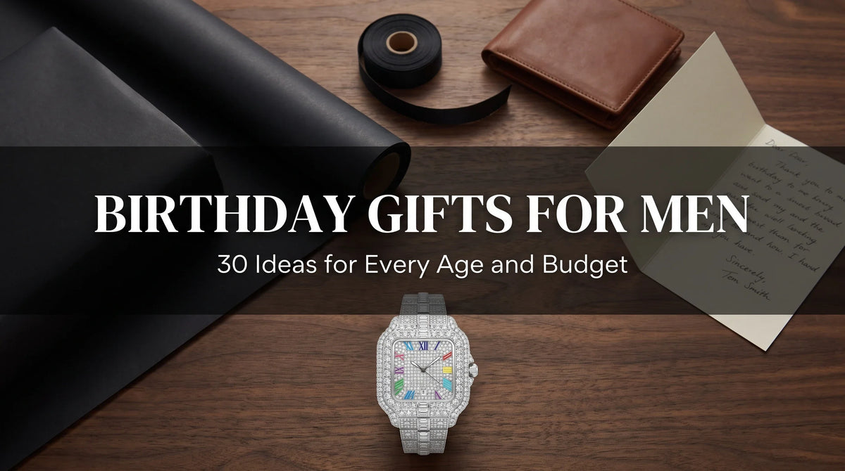 Rainbow Moissanite Watch as a birthday gift in a dark flat lay with ribbon and card