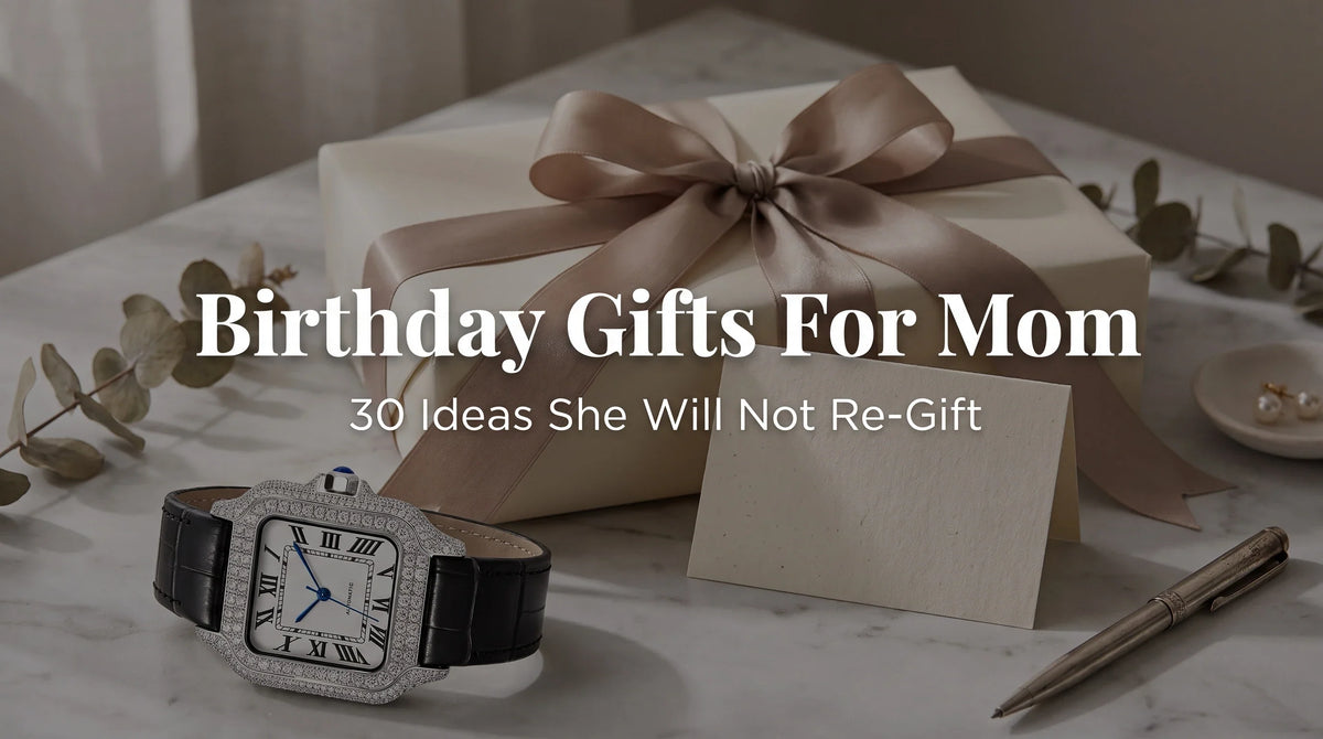 United Jewel Liora Pearl moissanite watch with white dial and leather strap in a birthday gift flat lay