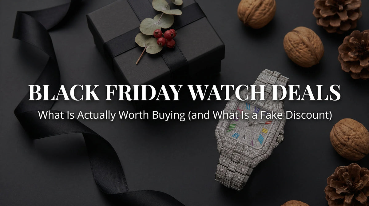 Rainbow moissanite watch with multicolor indexes and fully iced bracelet in a Black Friday flat-lay