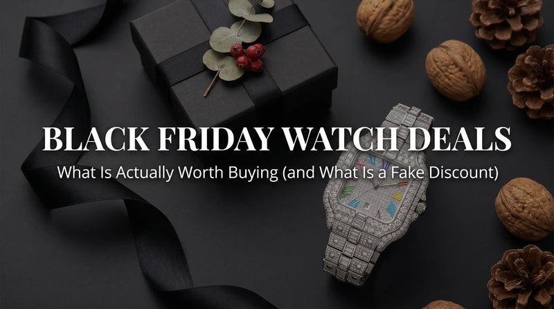 Rainbow moissanite watch with multicolor indexes and fully iced bracelet in a Black Friday flat-lay