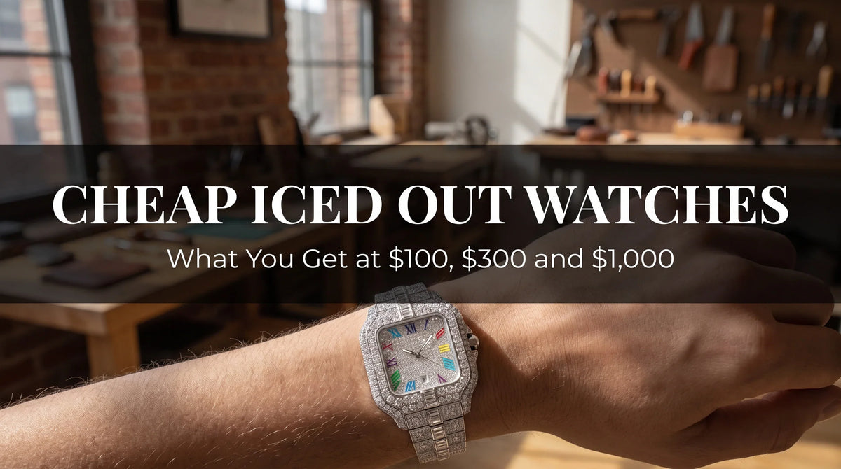 The Mogul Rainbow iced out watch on a wrist with multicolor indexes and a fully iced bracelet