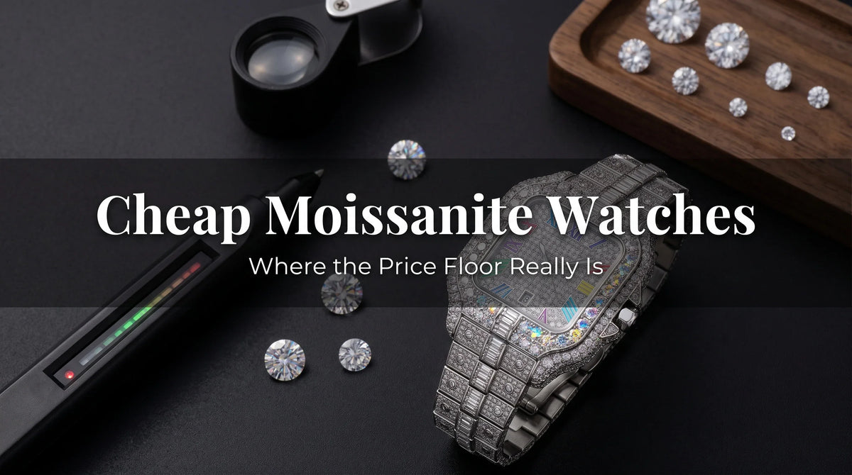 Rainbow Moissanite Watch flat-lay for a cheap moissanite watch price guide