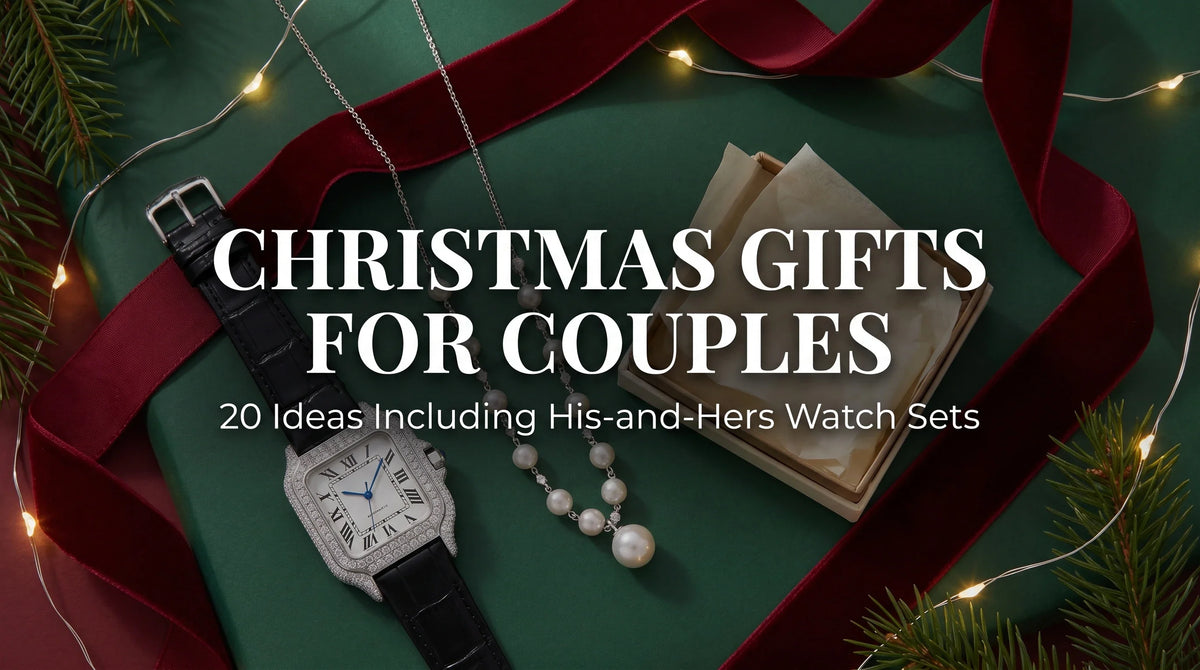 Liora Pearl and The Mogul moissanite watch pair styled as Christmas gifts