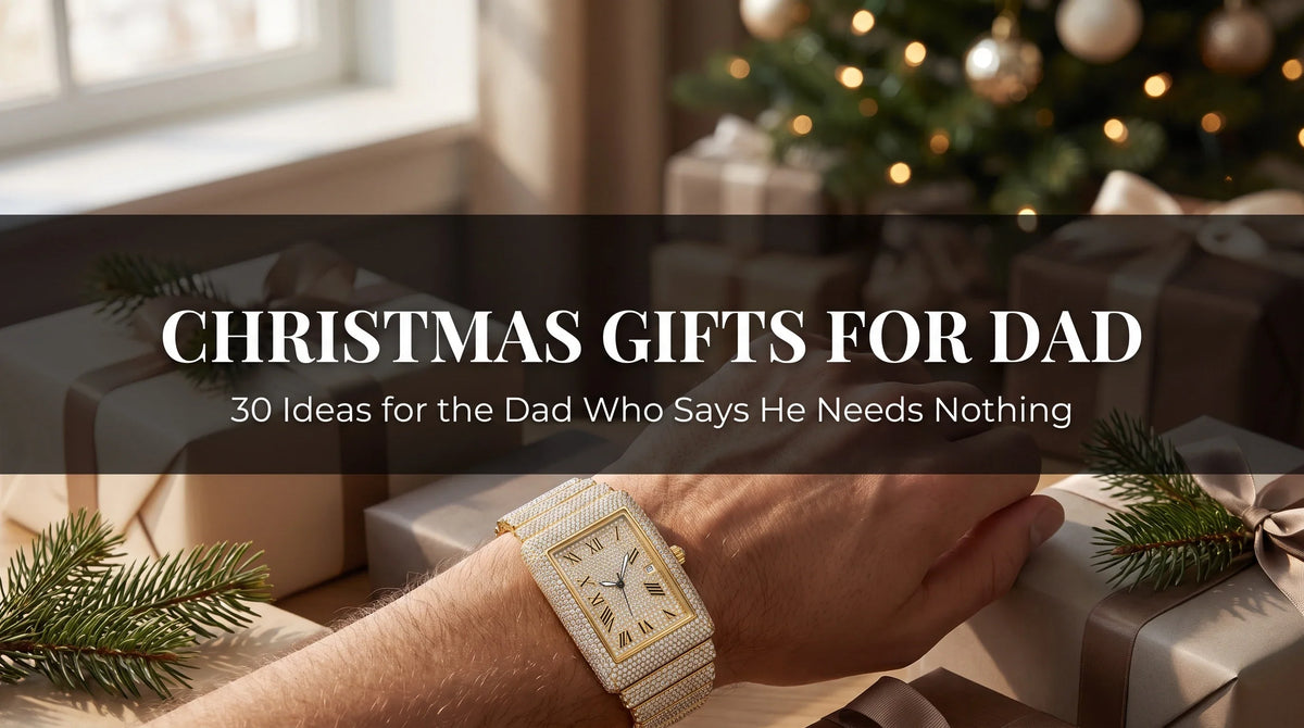 United Jewel Dynasty moissanite watch on a wrist beside wrapped Christmas gifts